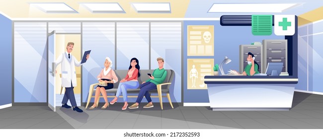 Doctor invites patient to enter medical office. Scene in hospital, clinic. Therapist waits visitors for medical appointment, consultation. Medicine, healthcare concept. Vector character illustration