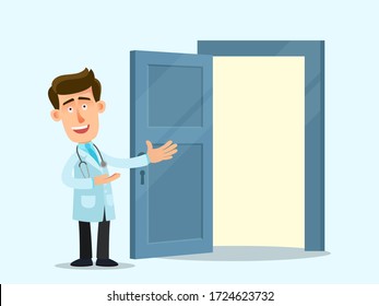 The doctor invites you to visit his clinic, check your health. Private medical practice. Advertising banner with text area. Vector illustration, flat design, cartoon style, isolated background.