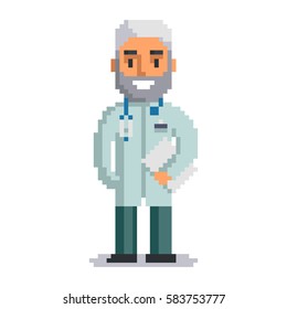 Doctor isolated on white background. physician pixel game style illustration. Medic vector pixel art design. funny 8 bit people character icon. 