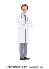 Doctor isolated on white background. Vector illustration medic in flat style. Doctor with glasses and a mustache. On the neck of a stethoscope.
