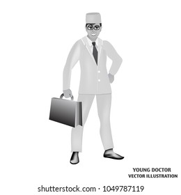 Doctor isolated vector. Character design of yound doctor. Vector black and white illustration.