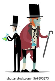 doctor jekyll with experiment potion and mister hyde monster with cane together
