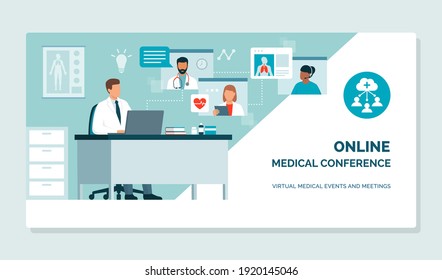 Doctor joining a virtual medical conference and talking with healthcare experts, they are sharing medical records and discussing together, telehealth concept