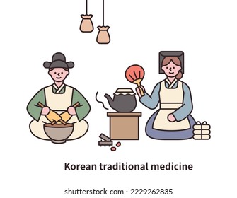 A doctor in the Joseon Dynasty is manufacturing medicine. A nurse is brewing medicine in a kettle in the traditional way.