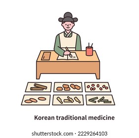 A doctor in the Joseon Dynasty is writing a prescription for a patient. There are various herbal medicines in front of him.