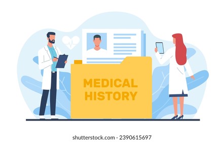 El médico mantiene un registro de los pacientes con historial médico e información médica. Anamnesis para diagnóstico y tratamiento. Documentar con la enfermedad del paciente el progreso de la caricatura el concepto de vector aislado plano