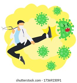 A Doctor kicking virus,fighting against Corona virus with sky kick vector.