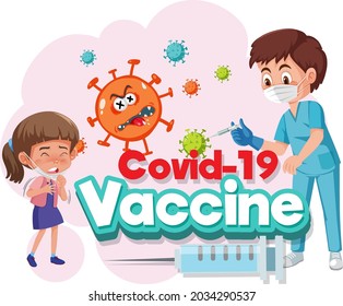 Doctor and kid patient cartoon character with Covid-19 vaccine font illustration