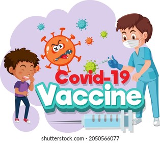 Doctor and kid patient cartoon character with Covid-19 vaccine font illustration