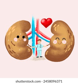 Doctor with kidneys. On a pink background. Cute illustration.