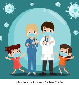 Doctor and Kids wearing face mask fighting corona virus, kids Children are happy when use medical mask or surgical mask to protect her from virus. stay at home. Vector illustration