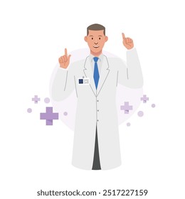 Doctor con cara amable y buena acción. Carácter de estilo de Vector plano. Campo de la salud.