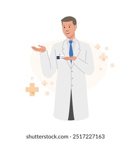 Doctor con cara amable y buena acción. Carácter de estilo de Vector plano. Campo de la salud.