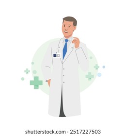 Doctor con cara amable y buena acción. Carácter de estilo de Vector plano. Campo de la salud.