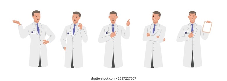 Doctor con cara amable y buena acción. Carácter de estilo de Vector plano. Campo de la salud.