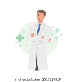 Doctor con cara amable y buena acción. Carácter de estilo de Vector plano. Campo de la salud.