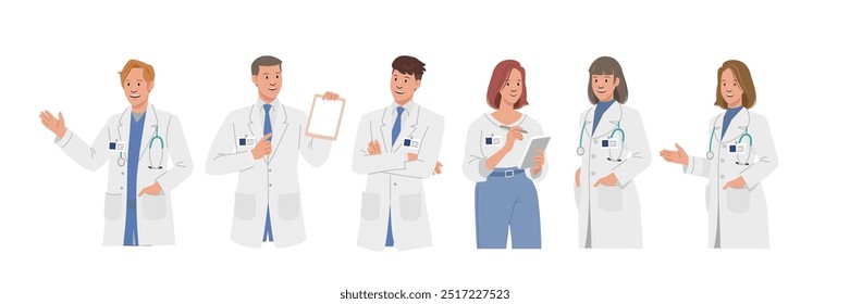 Doctor con cara amable y buena acción. Carácter de estilo de Vector plano. Campo de la salud.