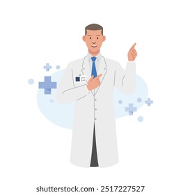 Doctor con cara amable y buena acción. Carácter de estilo de Vector plano. Campo de la salud.