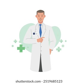 Doctor con cara amable y buena acción. Carácter de estilo de Vector plano. Campo de la salud.