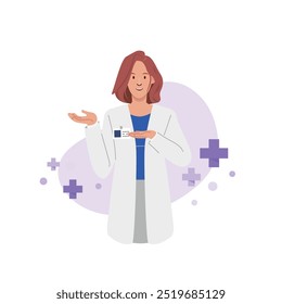 Doctor con cara amable y buena acción. Carácter de estilo de Vector plano. Campo de la salud.