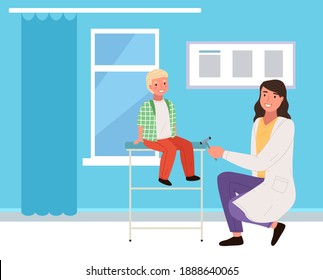 El doctor golpea la rodilla con un martillo especial para comprobar los reflejos. Niño en la cita de un neurólogo. Personas juntas en la oficina de pediatras. El niño está visitando al médico durante la revisión médica regular