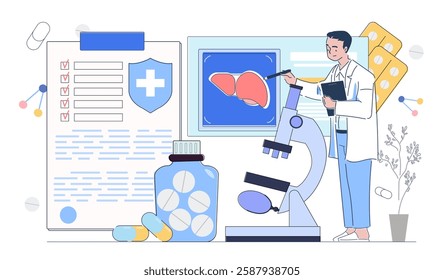 A doctor in a lab coat analyzing a liver scan with a microscope, surrounded by medical documents, pills, and molecular structures on a white background. Vector illustration