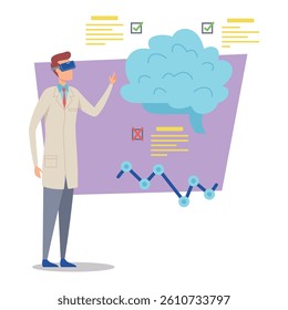 Doctor in lab coat engaged in virtual reality technology to examine medical data represented as graphs and notes. Patient care and innovation concept