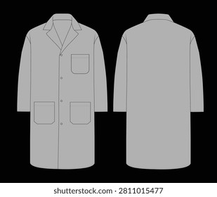 Doctor Lab Coat Front and Back View Flat Sketch Vector Template, Long Sleeve Medical Coat Technical Fashion Illustration