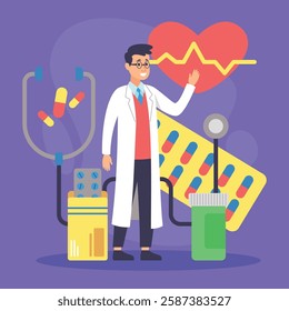 Doctor in lab coat standing confidently among various medical items including pills, stethoscope, and health monitor. Health and wellness concept