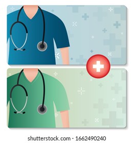 Doctor lab coat with stethoscope close up on medical background. Health care and medicine concept. Medical and health care backdrop. Web banner with medical character. Vector illustration.