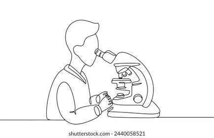 A doctor laboratory assistant does an analysis looking through a microscope. Checking biomaterial for the presence of pathogenic and opportunistic organisms. Vector illustration.