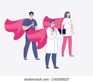 Doctor, laboratory assistant, nurse in cloaks of superheroes. Vector. Illustration in a flat cartoon style.