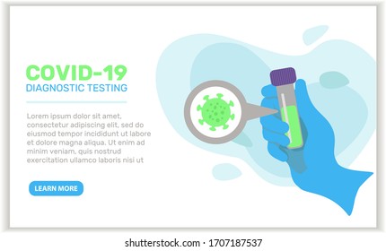 A doctor, laboratory assistant or scientist holds in his hand a test tube with the contents.The concept protective medical glove is worn on the arm. Vector illustration of the Covid-19 virus.  