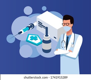 doctor with laboratory equipment character vector illustration design