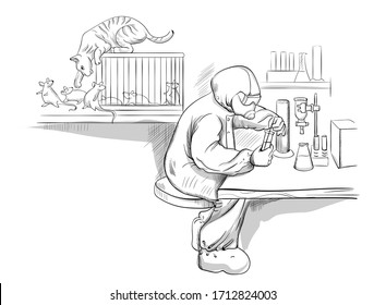 Doctor laboratory investigating. Man in hazmat suit creating a cure for new corona virus while the cat plays with the mice