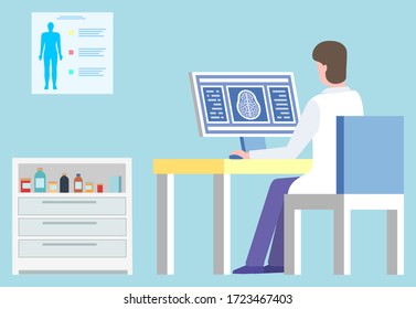 Doctor in laboratory working on scan diagnostics vector, man wearing white coat in hospital. Clinic and medical care, board with human body and cabinet