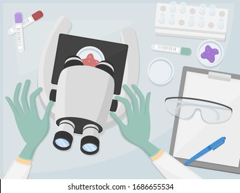 Doctor in Laboratory Workplace Desk Top Angle Design. Computer Laptop Hospital. Illustration Vector Flat Art.