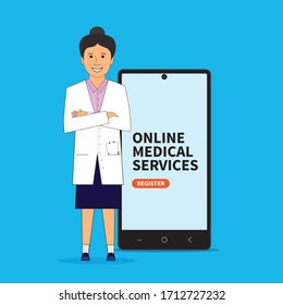 Doctor lady design, contact corona virus information, register smartphone online healthcare - Vector illustration.