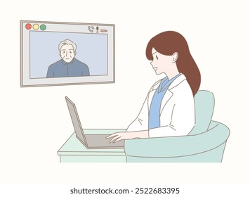 Doctor with laptop computer, having video call meeting with patient. Online doctor talking with elder on video call. Hand drawn flat cartoon character vector illustration.