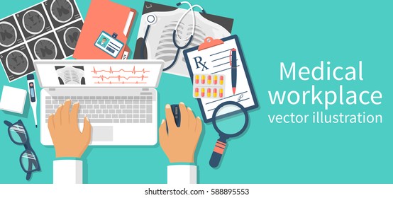 Doctor with laptop at desk studying documents of diagnostic research. Workplace doctor at table. Top view of the workplace, medical equipment. Vector illustration flat design. Isolated on background.