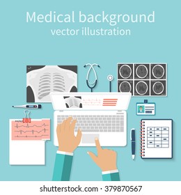 Doctor With Laptop His Desk Studying Documents Of Diagnostic Research. Workplace At Table. Top View Of The Workplace Doctor, Medical Equipment. Flat Design Vector. Medical Concept. Background