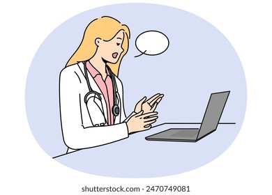 Doctor with laptop provides telemedicine services by consulting patients via internet. Woman telemedicine specialist in white remotely examines patient and gives recommendations for treatment