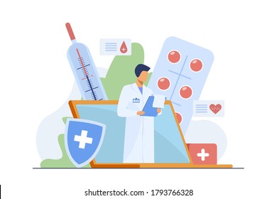 Doctor in laptop screen reading disease history. Computer, pill, therapist flat vector illustration. Medicine and healthcare concept for banner, website design or landing web page