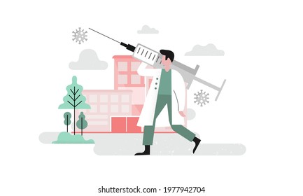 Doctor with a large syringe on the back in front of the hospital. Coronavirus prevention concept. Viruses and clouds in the sky. 