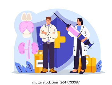 Médico com seringa grande e paciente em pé perto do escudo, órgãos como tireoide e rins ilustrados, estilo plano sobre fundo branco. Conceito de terapia hormonal. Ilustração vetorial