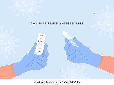 A doctor in latex gloves holding Covid-19 Rapid Antigen test and Testing Tube. A nurse hands with Coronavirus Express Antidody Positive blood test result and Medical Probe. Vector Illustration.