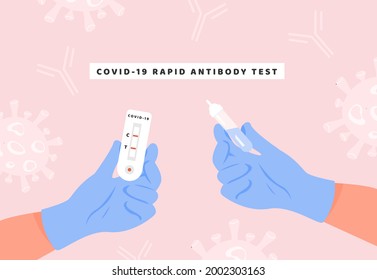 A Doctor In Latex Gloves Holding Covid-19 Rapid Antibody Test And Testing Tube. A Nurse Hands With Coronavirus Express Antidody Positive Blood Test Result And Medical Probe With Buffer Liquid. Vector.