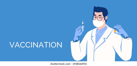 Doctor in latex gloves with a syringe and vaccine in his hands. Time of vaccination. Banner, template. Vector. Illustration. Flat. Cartoon