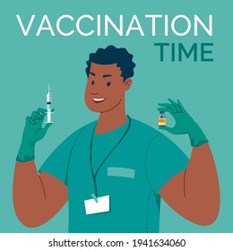 Doctor in latex gloves with syringe and vaccine in his hands. Vaccination time. Vector. Illustration. Flat. Cartoon
