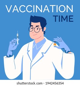 Doctor in latex gloves with syringe and vaccine in his hands. Vaccination time. Vector. Illustration. Flat. Cartoon